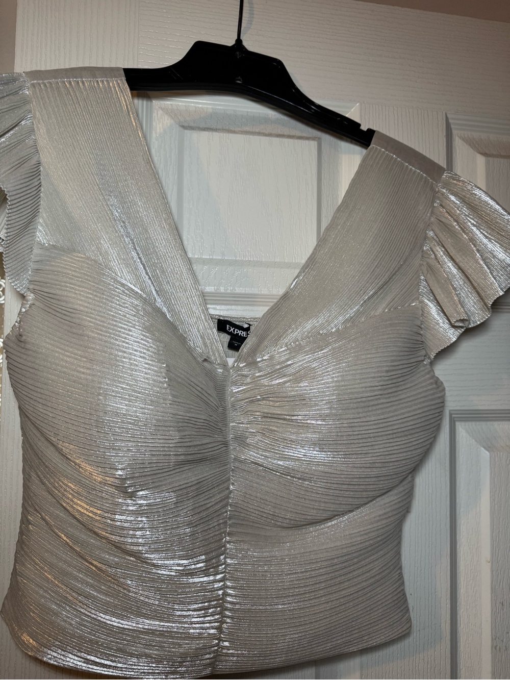 Express Metallic Silver Pleated V-Neck Crop Top